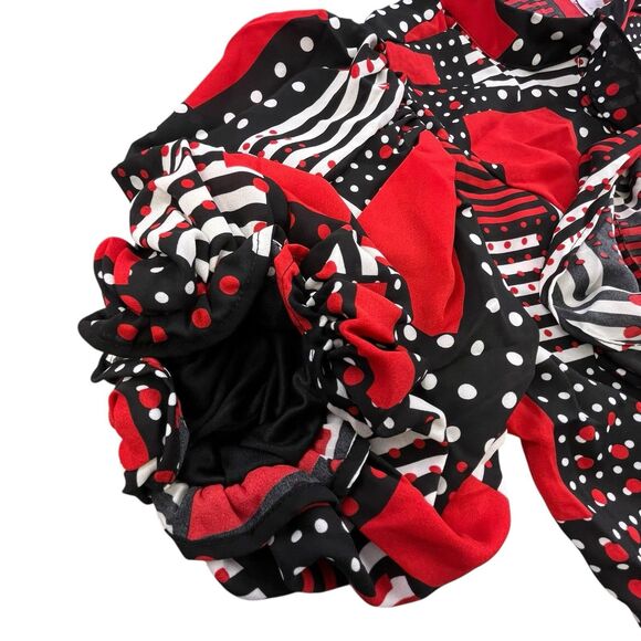 NY&C Peplum Waist Blouse Size XL Red Black Geometric Neck Bow Balloon Sleeve NEW - Picture 4 of 12